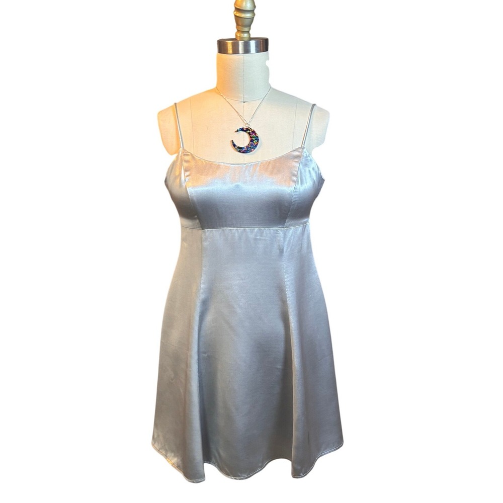 90s Y2K Silver Satin Mini Dress S Empire Waist Knapp Studio Vintage